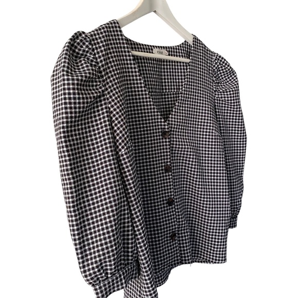 Essue Black and White Gingham Print V Neck Button Up Puff Sleeve Top Medium - Picture 2 of 8